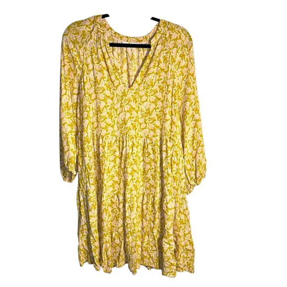 Boden Notch Tiered Floral Midi Dress Yellow Pink Print EcoVero US Size 10R - Picture 1 of 11